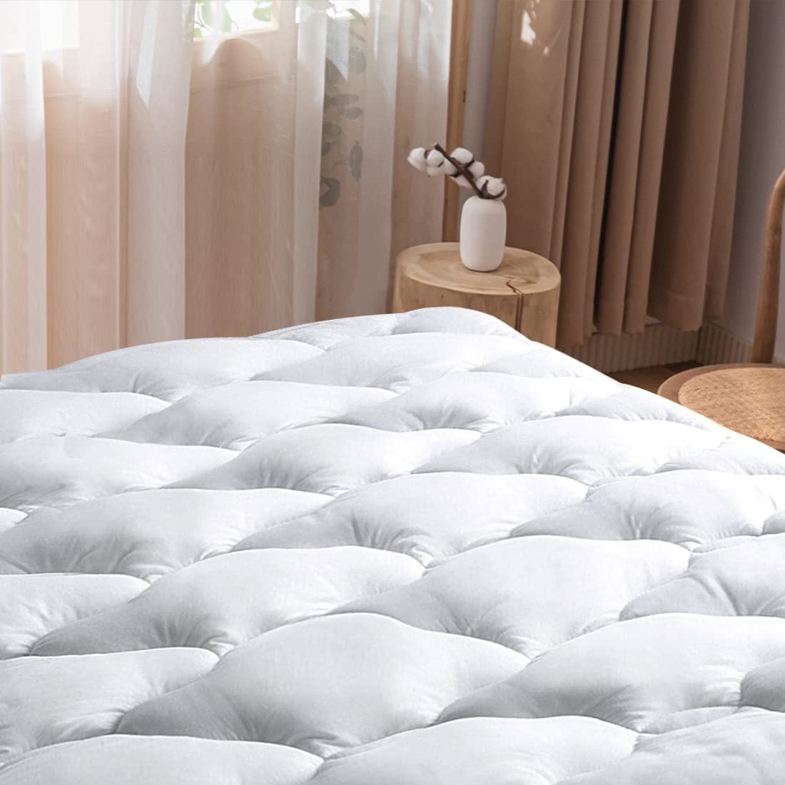 Whatsbedding Waterproof Mattress Pad Queen Size Cotton Top Down Alternative Filling Pillowtop Mattress Topper Cover-Fitted Quilt